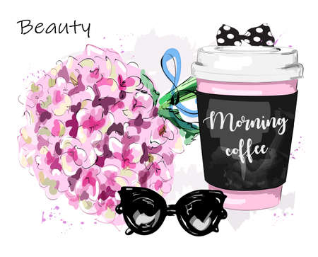 Hand drawn stylish set with flowers, coffee cup, sunglasses and bow. Sketch. Vector illustration.のイラスト素材