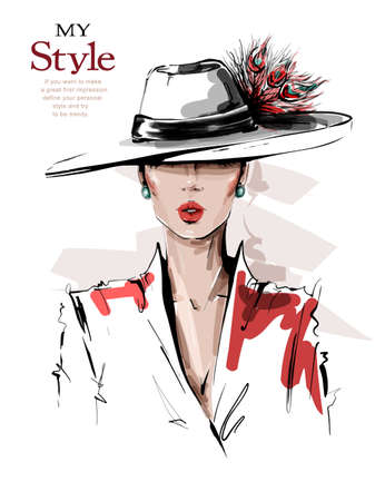 Hand drawn beautiful young woman in hat with feathers. Stylish elegant girl. Fashion woman look. Sketch. Vector illustration.のイラスト素材