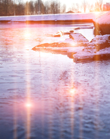 snowy winter sunset in the city, Europe, Belarusの写真素材