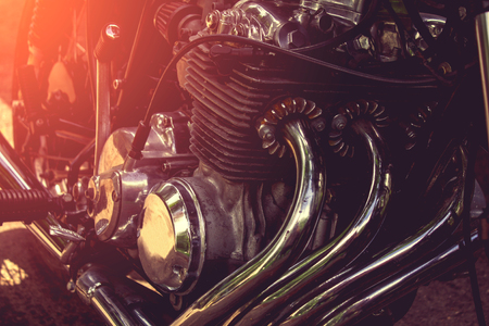 Part of the motorcycle. Close up. Soft lighting effect, vintage