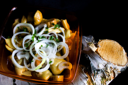 marinated mushrooms,mushrooms tinned, with onions and greensの写真素材