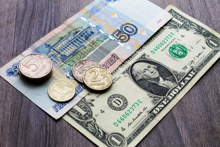 Russian money and the US dollar, the concept of the two countriesの写真素材