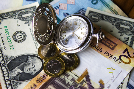 pocket watch, dollar Belarusian money Background, new money in Belarus. Denomination in Republic of Belarus 2016.の写真素材