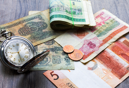 the Belarusian money, time - money, old and new money, denomination of 2016 in Republic of Belarus, Minskの写真素材