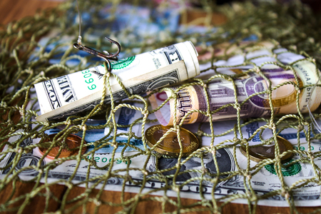 Belarusian money, dollar, fishing net. Without effort you won't catch fish from a pond.の写真素材