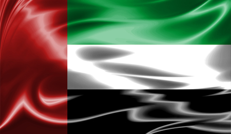 Grunge colorful background, flag of United Arab Emirates. Close-up, fluttering downwindの写真素材