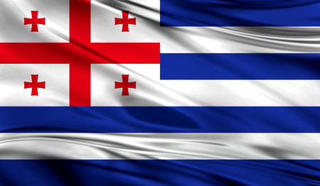 Realistic flag of Flag of Adjara on the wavy surface of fabric. This flag can be used in design