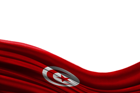 Grunge colorful flag Tunisia with copyspace for your text or images,isolated on white background. Close up, fluttering downwind.の写真素材