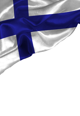 Grunge colorful flag Finland with copyspace for your text or images,isolated on white background. Close up, fluttering downwind.の写真素材
