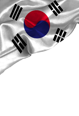 Grunge colorful flag South Korea with copyspace for your text or images,isolated on white background. Close up, fluttering downwind.の写真素材