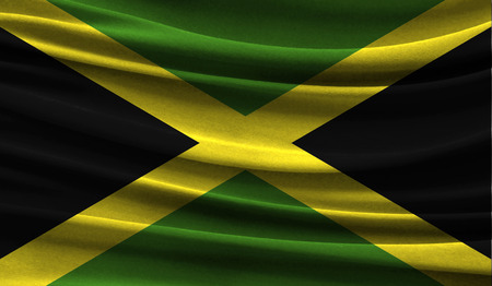 Realistic flag of Jamaica on the wavy surface of fabric. This flag can be used in designの写真素材