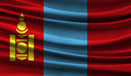 Realistic flag of Mongolia on the wavy surface of fabric. This flag can be used in designの写真素材