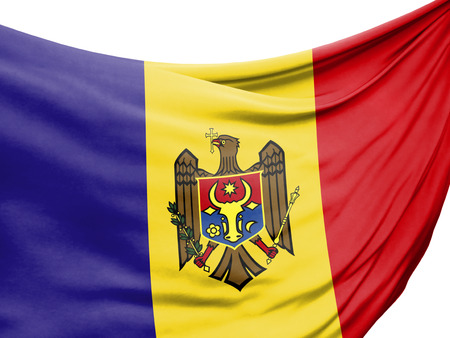 Closeup of rippled flag of Moldova on white background.の写真素材