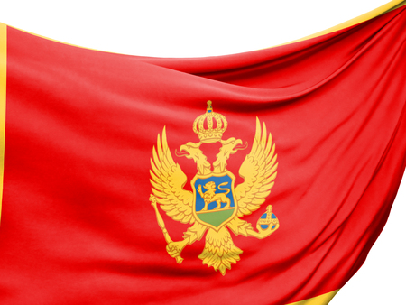 Closeup of rippled flag of Montenegro on white background.の写真素材
