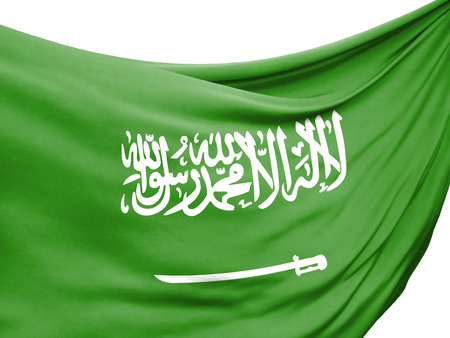 Closeup of rippled flag of Saudi Arabia on white background.の写真素材