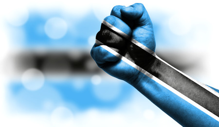 Flag of Botswana drawn on male fist, strength,power,concept of conflict. On a blurred background with a good place for your text.の写真素材