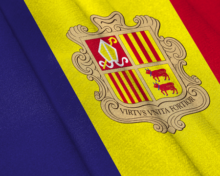 Realistic flag of Andorra on the wavy surface of fabric. This flag can be used in designの写真素材