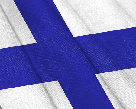Realistic flag of Finland on the wavy surface of fabric. This flag can be used in designの写真素材