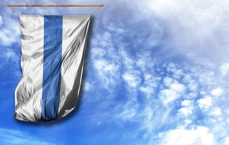 Flag of Altai Republic. Vertical flag, against blue sky with place for your textの写真素材