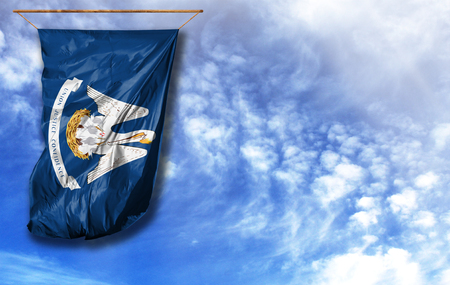 Flag State of Louisiana. Vertical flag, against blue sky with place for your textの写真素材