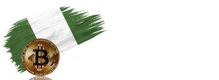Painted brush stroke in the flag of Nigeria. Bitcoin cryptocurrency banner with isolated on white background with place for your text.の写真素材