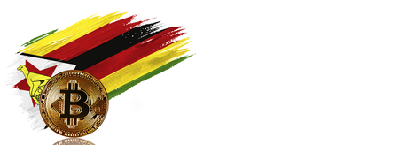 Painted brush stroke in the flag of Zimbabwe. Bitcoin cryptocurrency banner with isolated on white background with place for your text.の写真素材