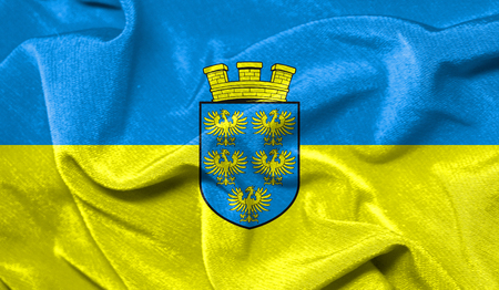 Realistic flag of Lower Austria on the wavy surface of fabricの写真素材