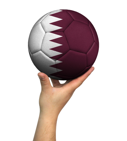 Man holding Soccer ball with Qatar flag, isolated on white background.の写真素材