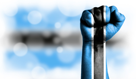 Flag of Botswana painted on male fist, strength,power,concept of conflict. On a blurred background with a good place for your text.の写真素材