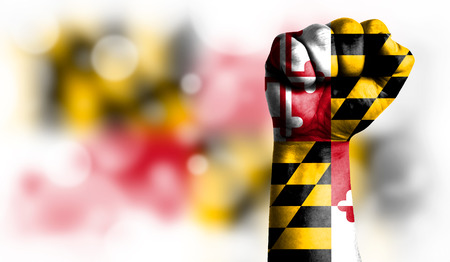 Flag State of Maryland painted on male fist, strength,power,concept of conflict. On a blurred background with a good place for your text.の写真素材