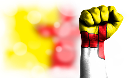 Flag of Nunavut painted on male fist, strength,power,concept of conflict. On a blurred background with a good place for your text.の写真素材