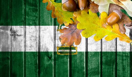 Andalusia flag on autumn wooden background with leaves and good place for your text.の写真素材