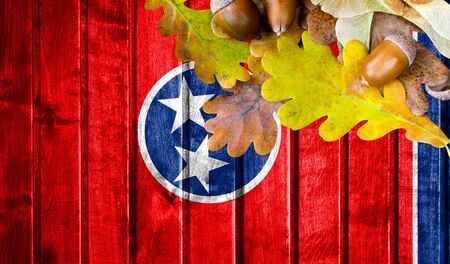 State of Tennessee flag on autumn wooden background with leaves and good place for your text.の写真素材