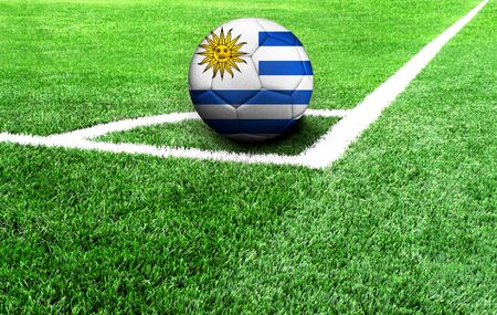 soccer ball on a green field, flag of Uruguayの写真素材