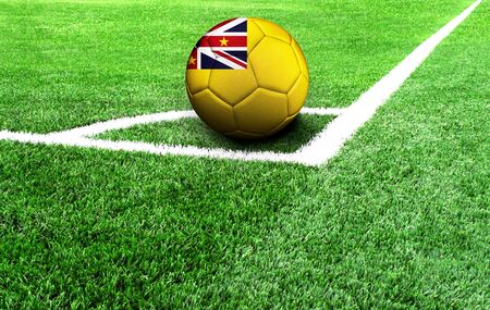 soccer ball on a green field, flag of Niueの写真素材