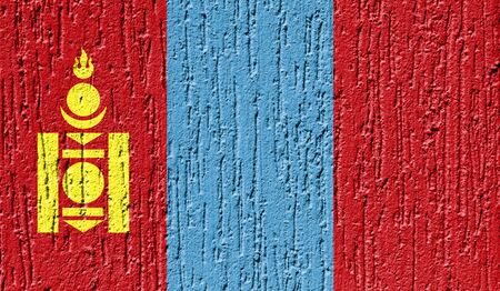 Flag of Mongolia close up painted on a cracked wallの写真素材
