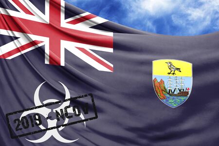 Novel coronavirus disease named 2019-nCoV with Saint Helena flag closeup on blue sky backgroundの写真素材