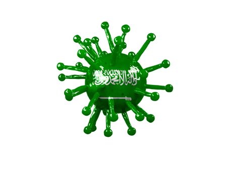 A coronovirus model with the name Covid-19 with the painted flag of Saudi Arabia and isolated on a white background. The concept of the spread of the virus by country, quarantine, isolation. The work of the World Health Organization in countries during the pandemic.の写真素材