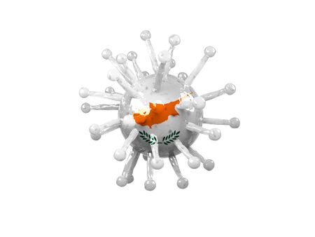 A coronovirus model with the name Covid-19 with the painted flag of Cyprus and isolated on a white background. The concept of the spread of the virus by country, quarantine, isolation. The work of the World Health Organization in countries during the pandemic.の写真素材