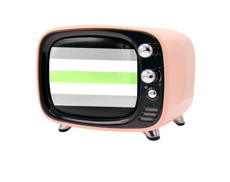 The retro old TV is isolated against a white background with the flag of Agender pride