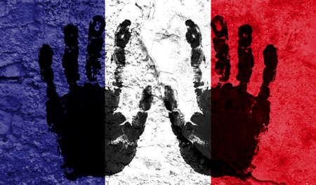 Handprints on the background of the flag of France. Freedom of choice, corruption, and detention conceptの写真素材