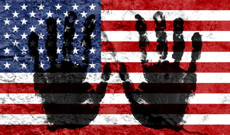 Handprints on the background of the flag of America. Freedom of choice, corruption, and detention...