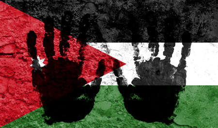 Handprints on the background of the flag of Jordan. Freedom of choice, corruption, and detention...