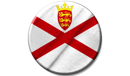 Flag of Jersey on a fabric texture in a circle, the image in the form of an icon is isolated on a white background.の写真素材