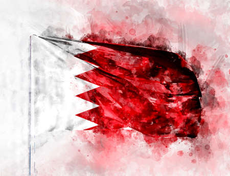 National flag of Bahrain on a flagpole. Watercolor Illustration.の写真素材