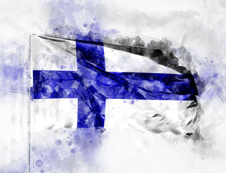 National flag of Finland on a flagpole. Watercolor Illustration.の写真素材