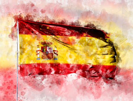 National flag of Spain on a flagpole. Watercolor Illustration.の写真素材