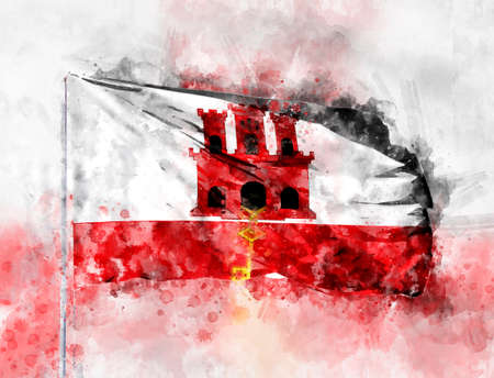 National flag of Gibraltar on a flagpole. Watercolor Illustration.の写真素材