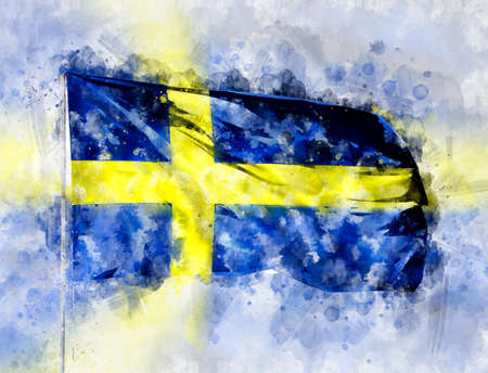 National flag of Sweden on a flagpole. Watercolor Illustration.の写真素材