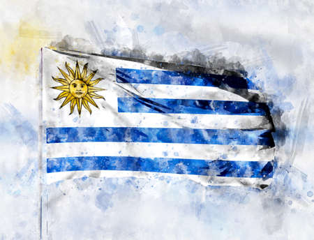 National flag of Uruguay on a flagpole. Watercolor Illustration.の写真素材